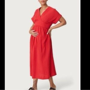 Hatch Carolina faux wrap red gauze cotton tie waist midi dress maternity small